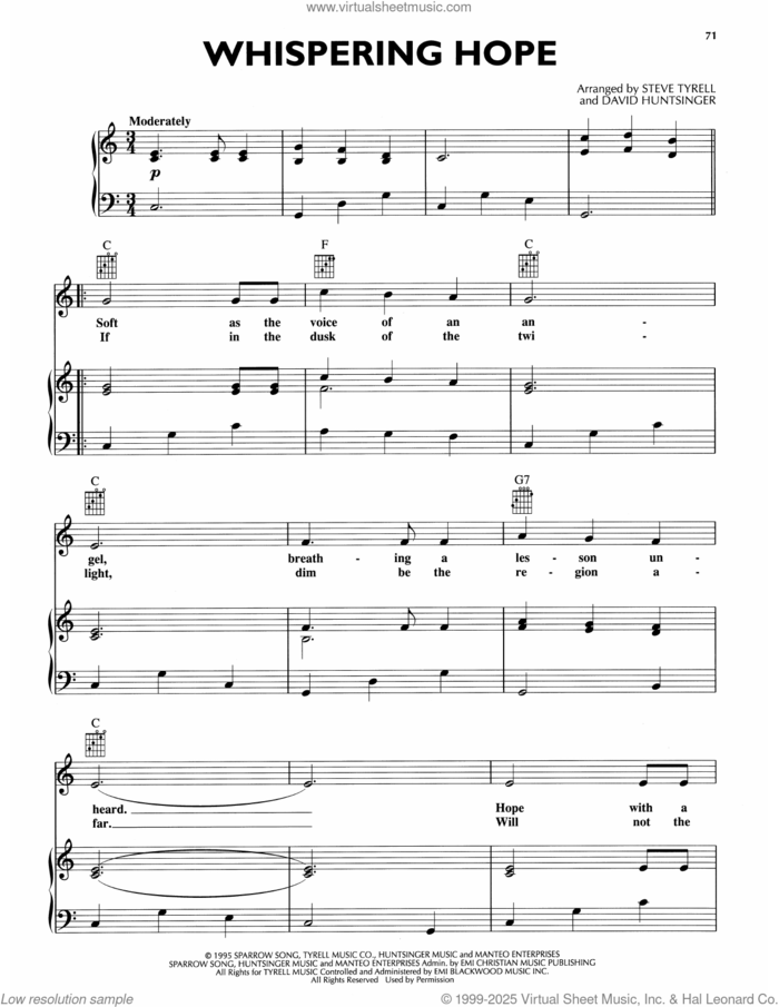 Whispering Hope sheet music for voice, piano or guitar by Andy Griffith, David Huntsinger, arr. and Steve Tyrell, arr., intermediate skill level