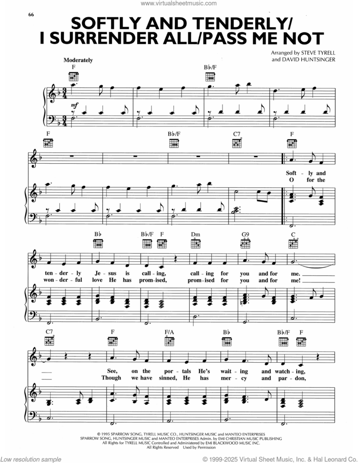 Softly And Tenderly/I Surrender All/Pass Me Not sheet music for voice, piano or guitar by Andy Griffith, David Huntsinger, arr. and Steve Tyrell, arr., intermediate skill level