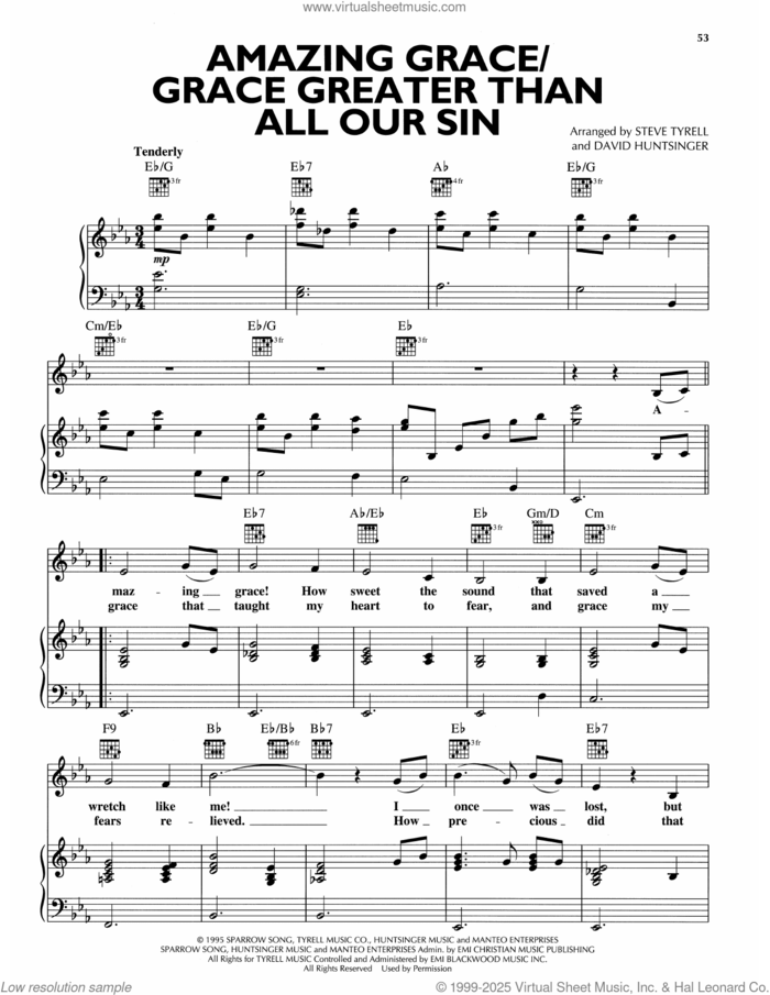 Amazing Grace/Grace Greater Than Our Sin sheet music for voice, piano or guitar by Andy Griffith, David Huntsinger, arr. and Steve Tyrell, arr., intermediate skill level