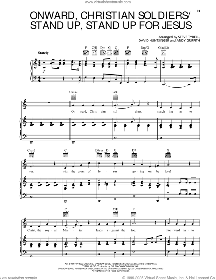 Onward Christian Soldiers/Stand Up, Stand Up For Jesus sheet music for voice, piano or guitar by Andy Griffith, David Huntsinger, arr. and Steve Tyrell, arr., intermediate skill level