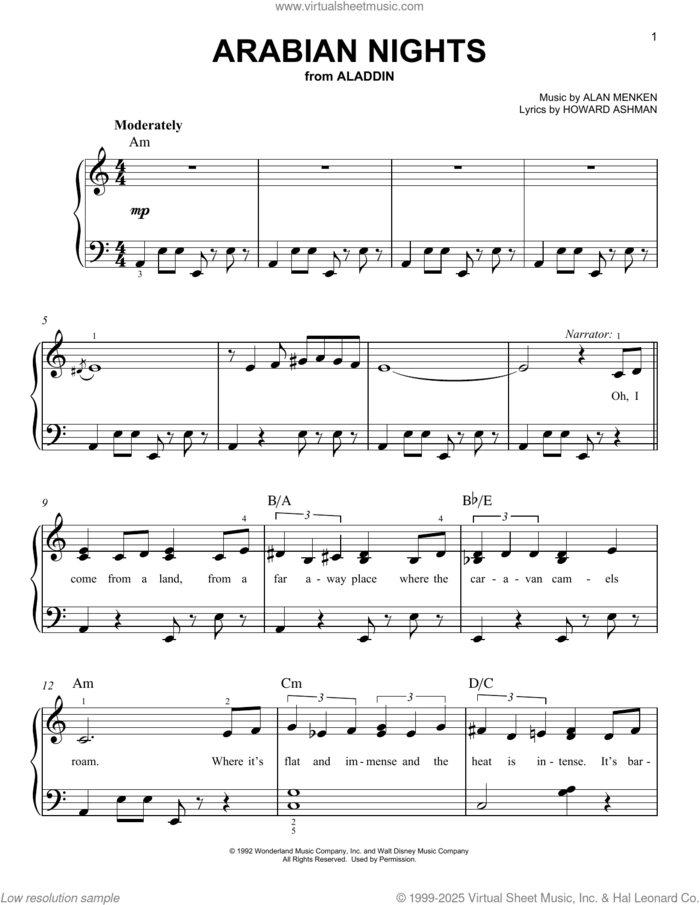 Arabian Nights sheet music for piano solo by Alan Menken and Howard Ashman, easy skill level