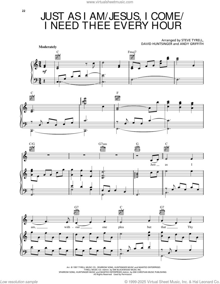 Just As I Am/Jesus, I Come/I Need Thee Every Hour sheet music for voice, piano or guitar by Andy Griffith, David Huntsinger, arr. and Steve Tyrell, arr., intermediate skill level