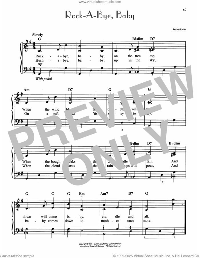 Rock-A-Bye, Baby sheet music for piano solo, easy skill level