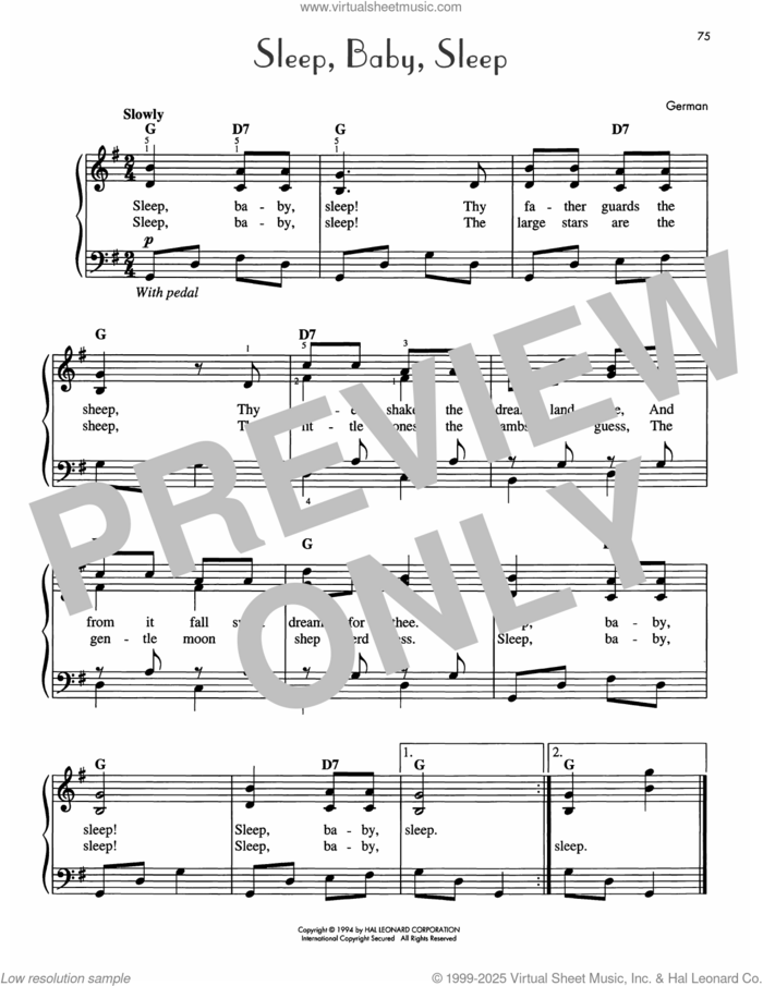 Sleep, Baby, Sleep sheet music for piano solo by Pennsylvania Dutch Lullaby, easy skill level