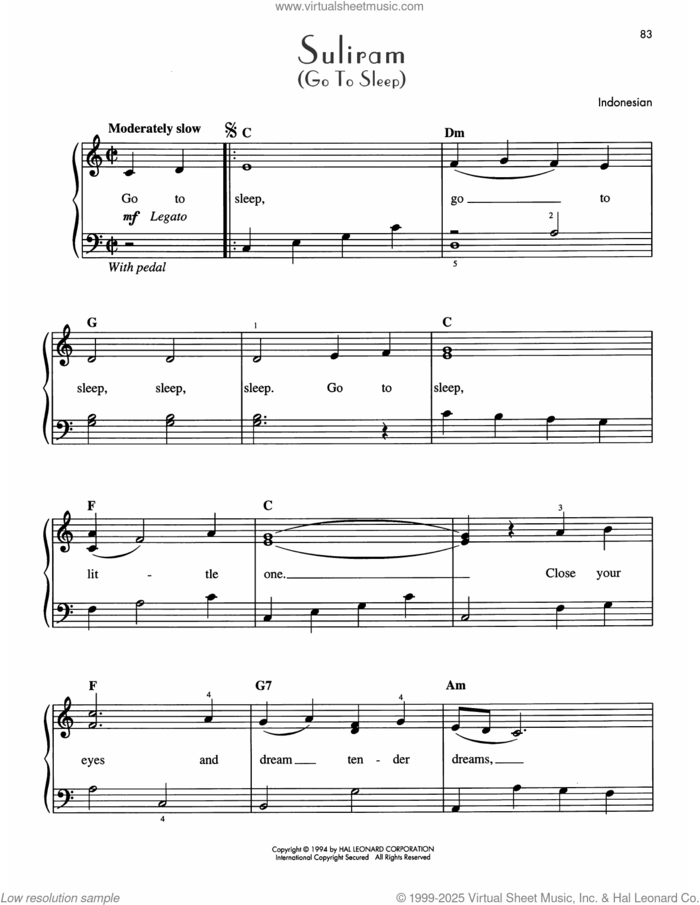 Suliram (Go To Sleep) sheet music for piano solo by Indonesian Folk Song, easy skill level