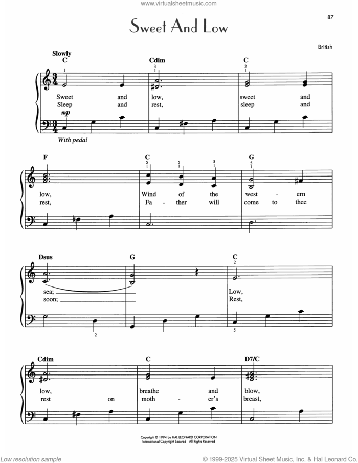 Sweet And Low sheet music for piano solo by Joseph Barnby, easy skill level