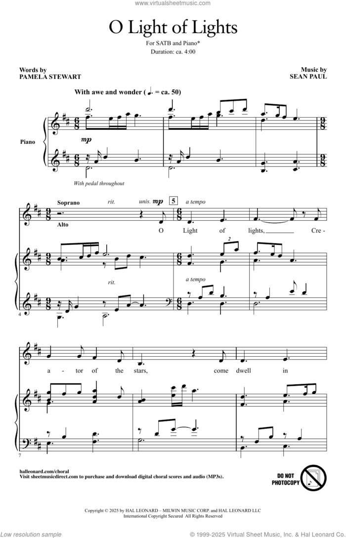 O Light Of Lights sheet music for choir (SATB: soprano, alto, tenor, bass) by Sean Paul and Pamela Stewart, intermediate skill level