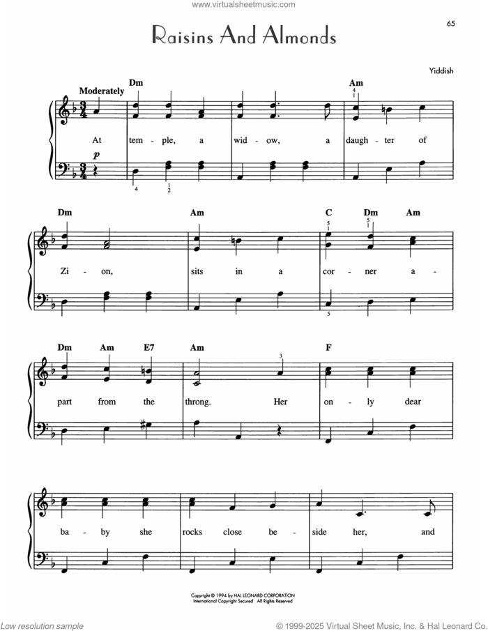 Rozhinkes Mit Mandlen (Raisins And Almonds) sheet music for piano solo by Abraham Goldfaden, easy skill level