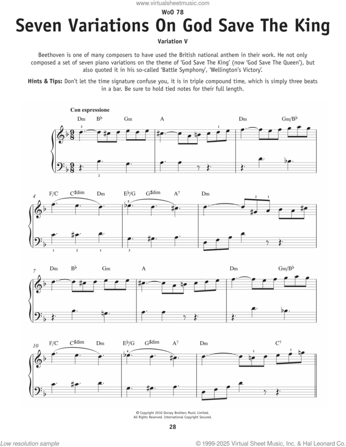 7 Variations On God Save The King, WoO 78 sheet music for piano solo by Ludwig Van Beethoven, classical score, beginner skill level