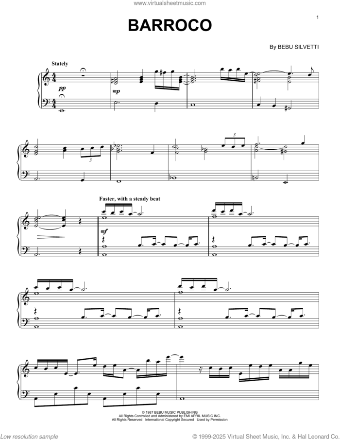 Barroco sheet music for piano solo by Bebu Silvetti, intermediate skill level