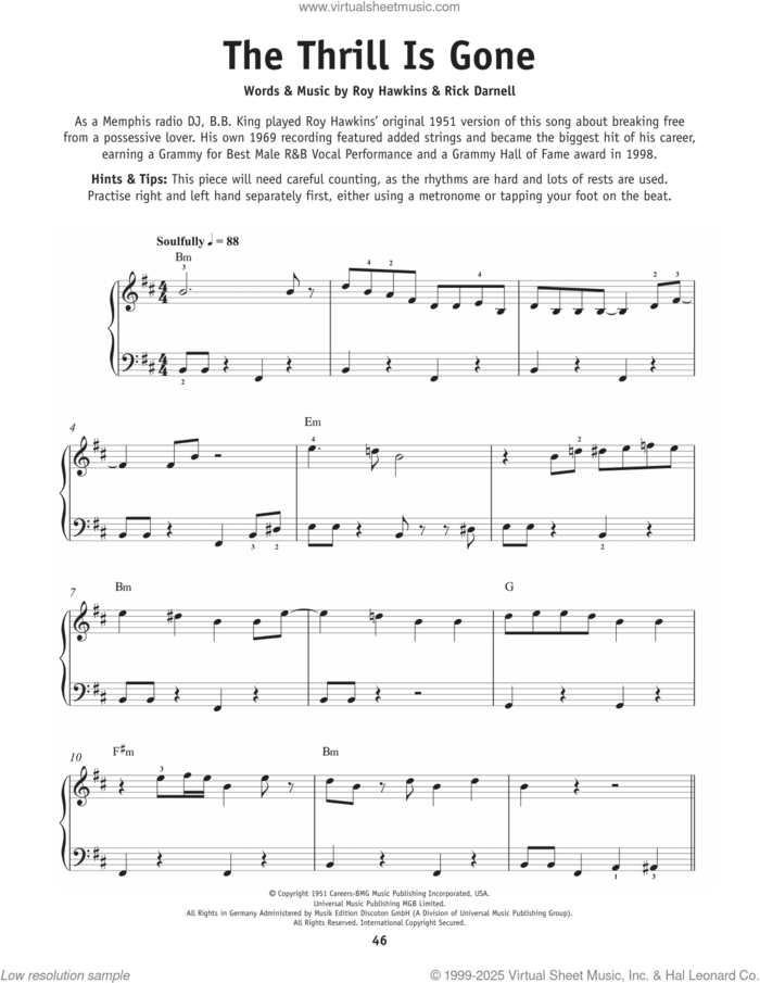 The Thrill Is Gone sheet music for piano solo by B.B. King, Rick Darnell and Roy Hawkins, beginner skill level
