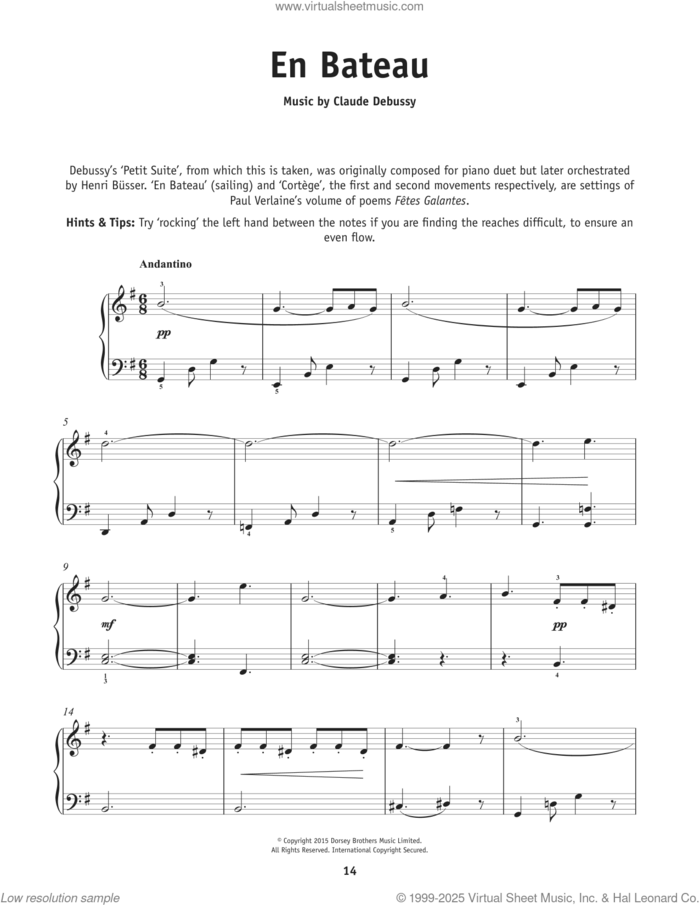 En Bateau sheet music for piano solo by Claude Debussy, classical score, beginner skill level