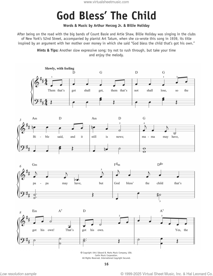 God Bless' The Child sheet music for piano solo by Billie Holiday and Arthur Herzog Jr., beginner skill level