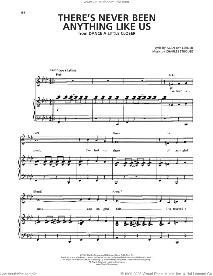 There's Never Been Anything Like Us (from Dance A Little Closer) sheet music for voice and piano by Alan Jay Lerner and Charles Strouse, intermediate skill level