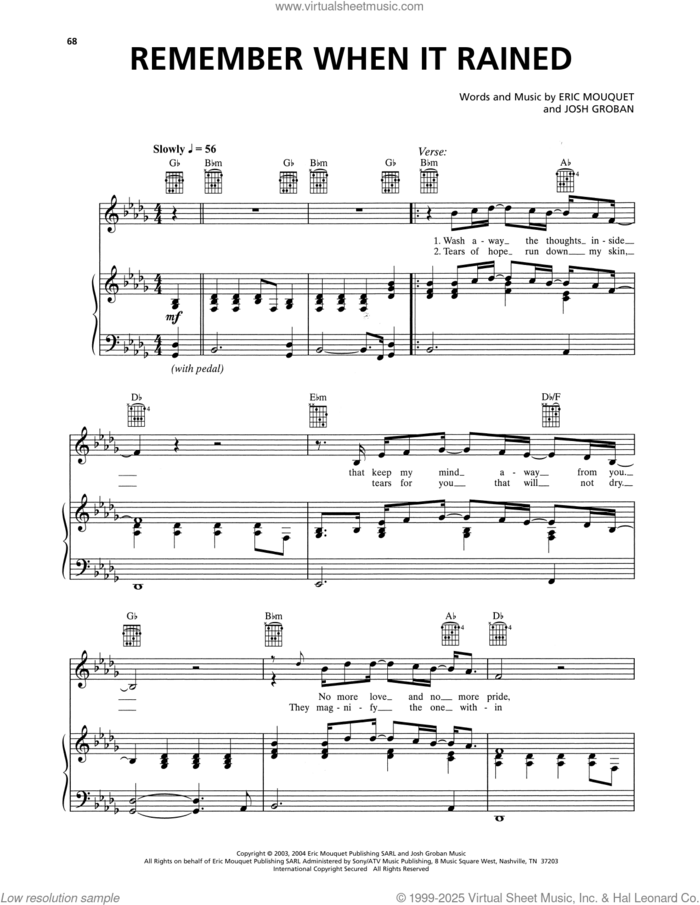 Remember When It Rained sheet music for voice, piano or guitar by Josh Groban and Eric Mouquet, intermediate skill level