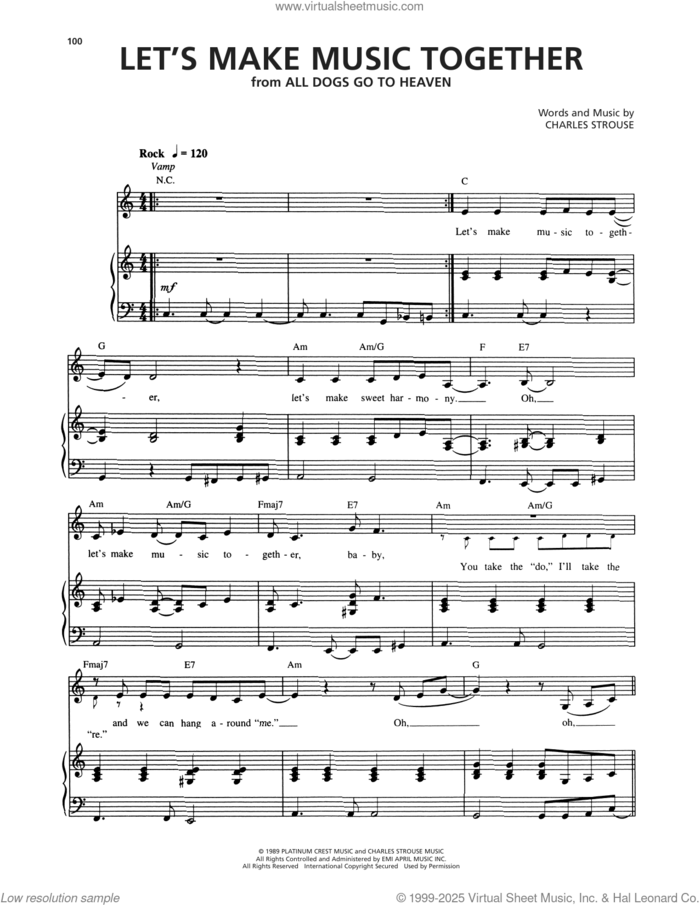 Let's Make Music Together (from All Dogs Go To Heaven) sheet music for voice and piano by Charles Strouse, intermediate skill level