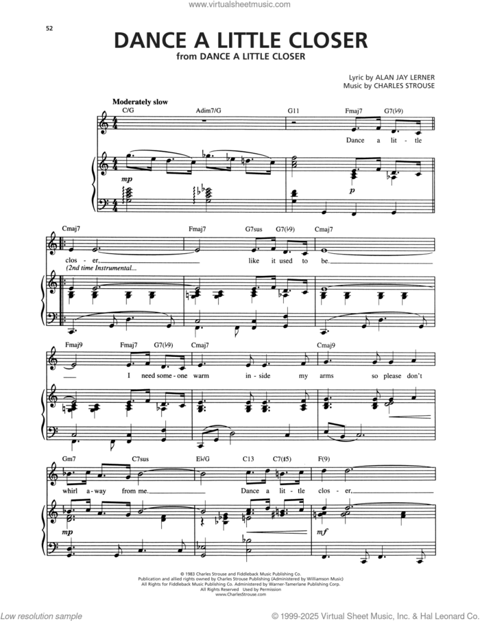 Dance A Little Closer sheet music for voice and piano by Alan Jay Lerner and Charles Strouse, intermediate skill level