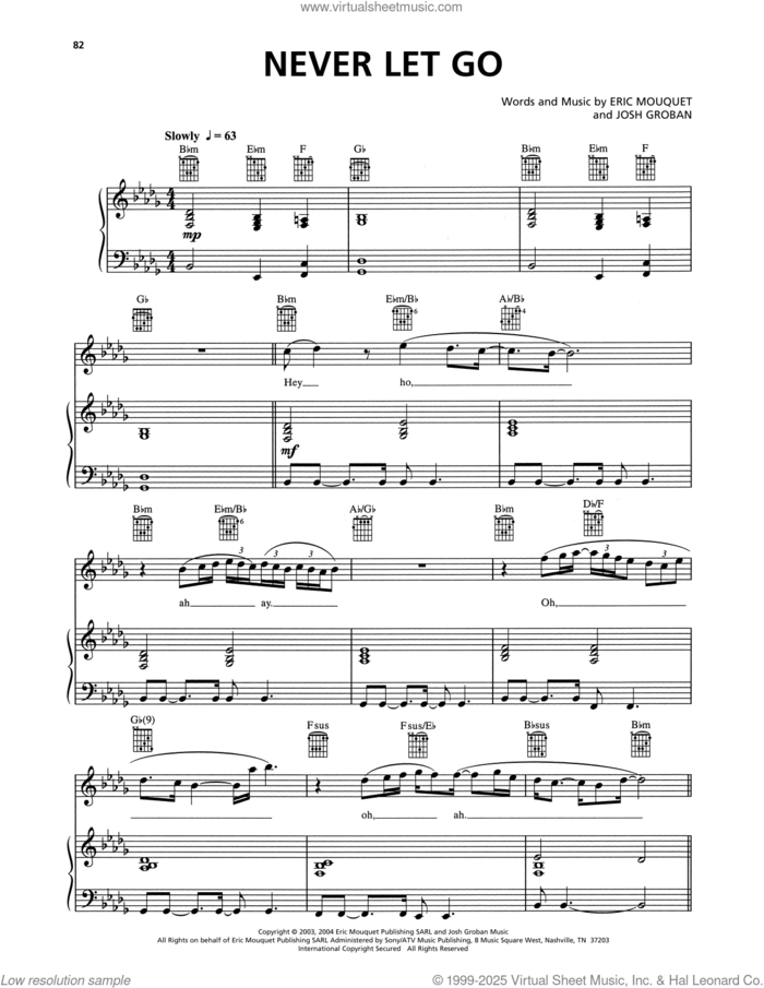 Never Let Go sheet music for voice, piano or guitar by Josh Groban and Eric Mouquet, intermediate skill level