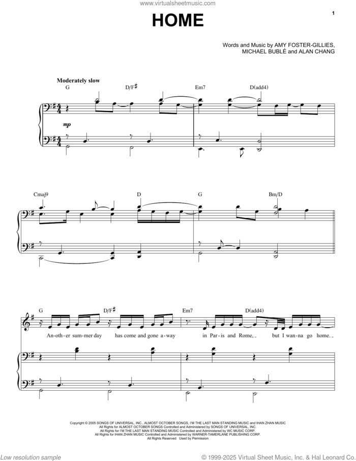 Home sheet music for voice and piano by Michael Buble, Alan Chang and Amy Foster-Gillies, intermediate skill level
