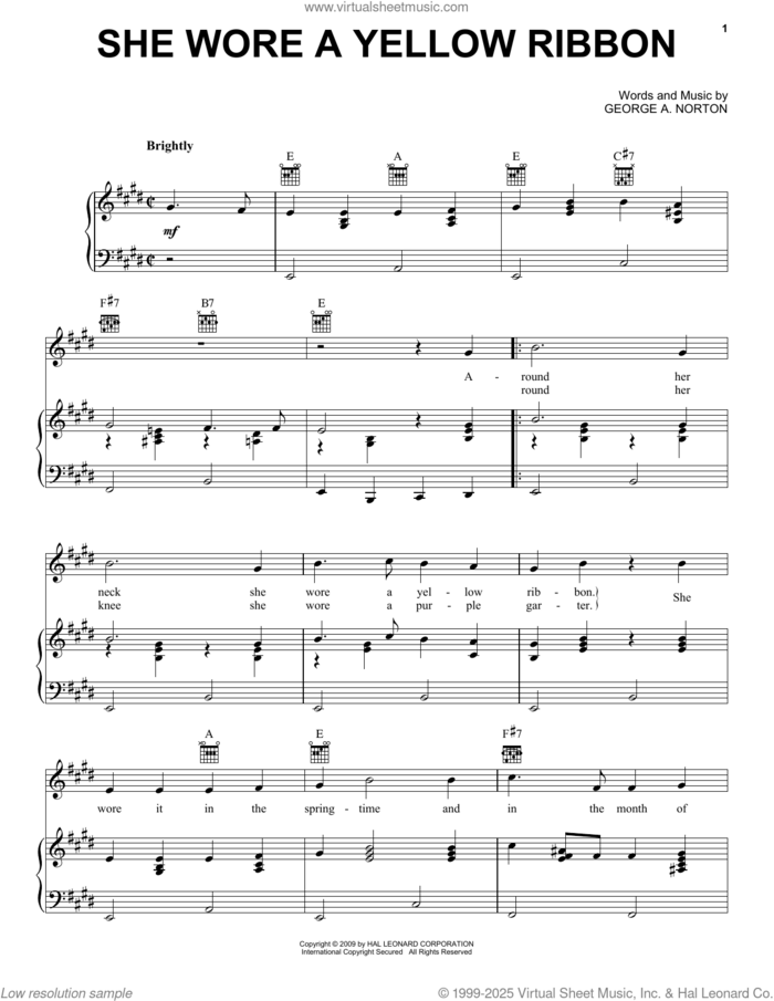 She Wore A Yellow Ribbon sheet music for voice, piano or guitar by George A. Norton, intermediate skill level