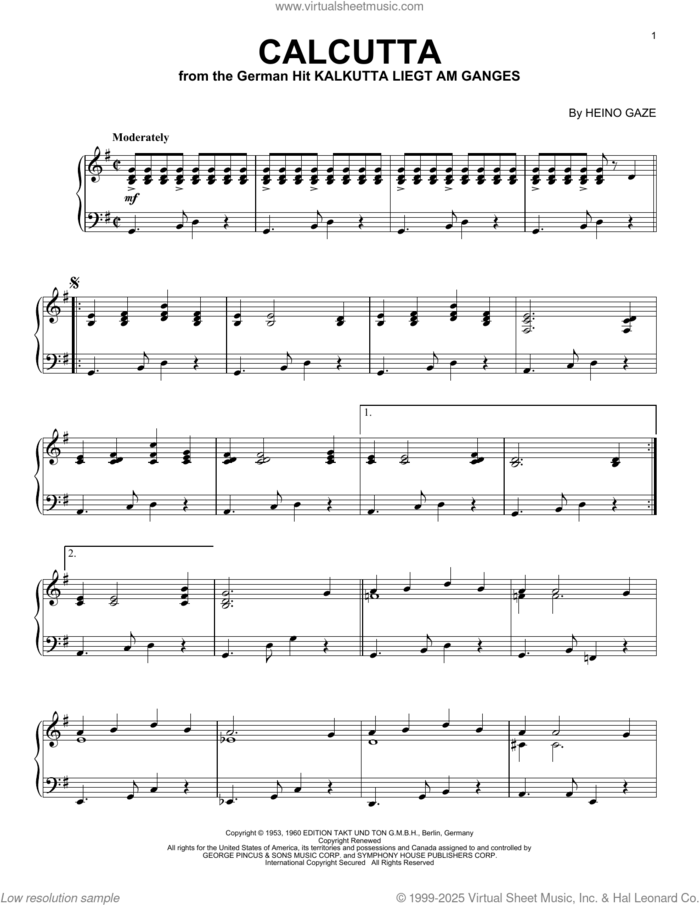 Calcutta sheet music for piano solo by Lawrence Welk and Heino Gaze, intermediate skill level