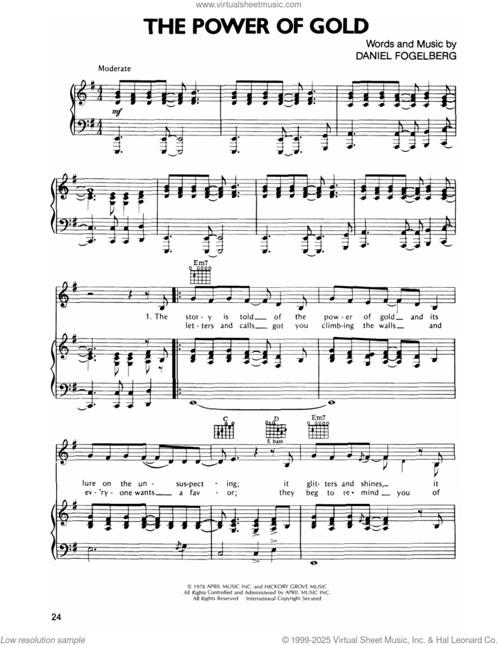 The Power Of Gold sheet music for voice, piano or guitar by Dan Fogelberg, intermediate skill level