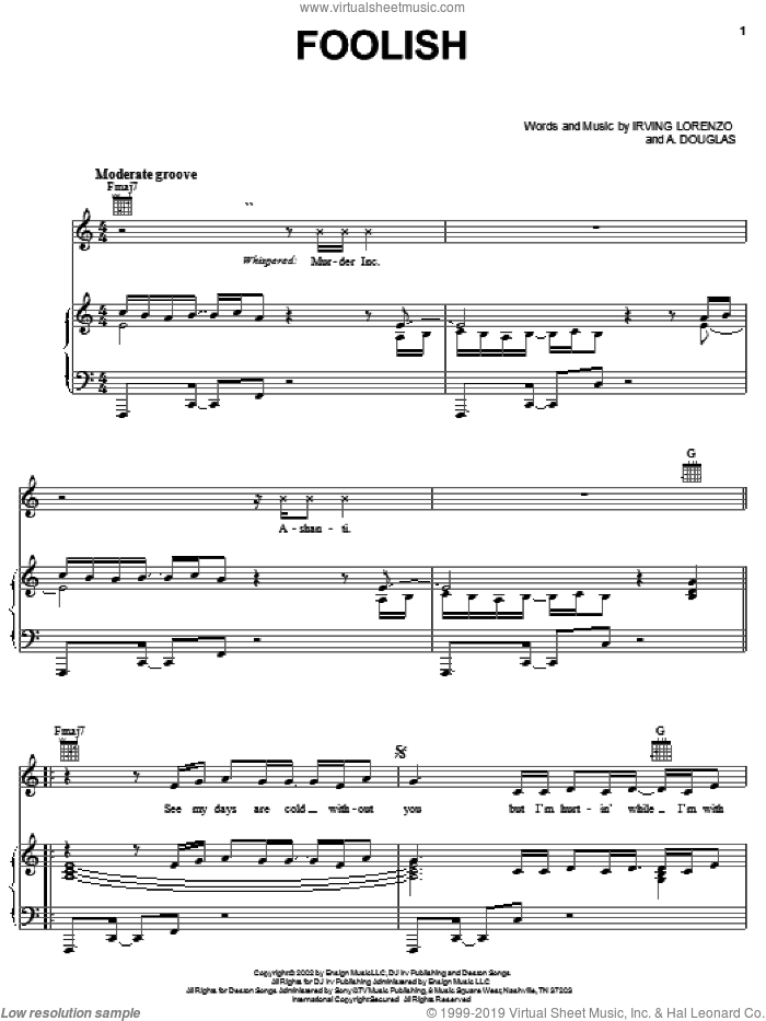 Foolish sheet music for voice, piano or guitar by Ashanti, A. Douglas and Irving Lorenzo, intermediate skill level