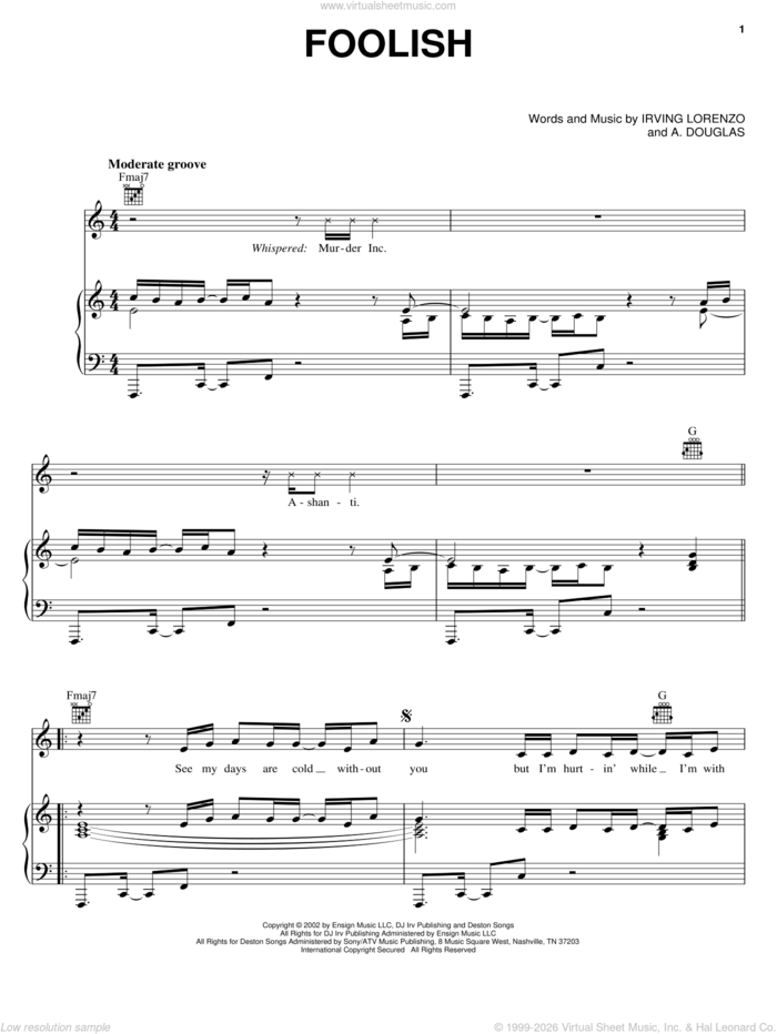 Foolish sheet music for voice, piano or guitar by Ashanti, A. Douglas and Irving Lorenzo, intermediate skill level