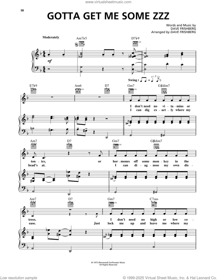 Gotta Get Me Some Zzz sheet music for voice, piano or guitar by Dave Frishberg, intermediate skill level