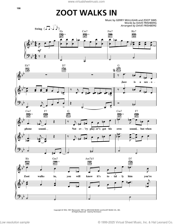 Zoot Walks In sheet music for voice, piano or guitar by Dave Frishberg, Gerry Mulligan and Zoot Sims, intermediate skill level