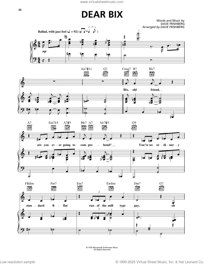 Dear Bix sheet music for voice, piano or guitar by Dave Frishberg, intermediate skill level