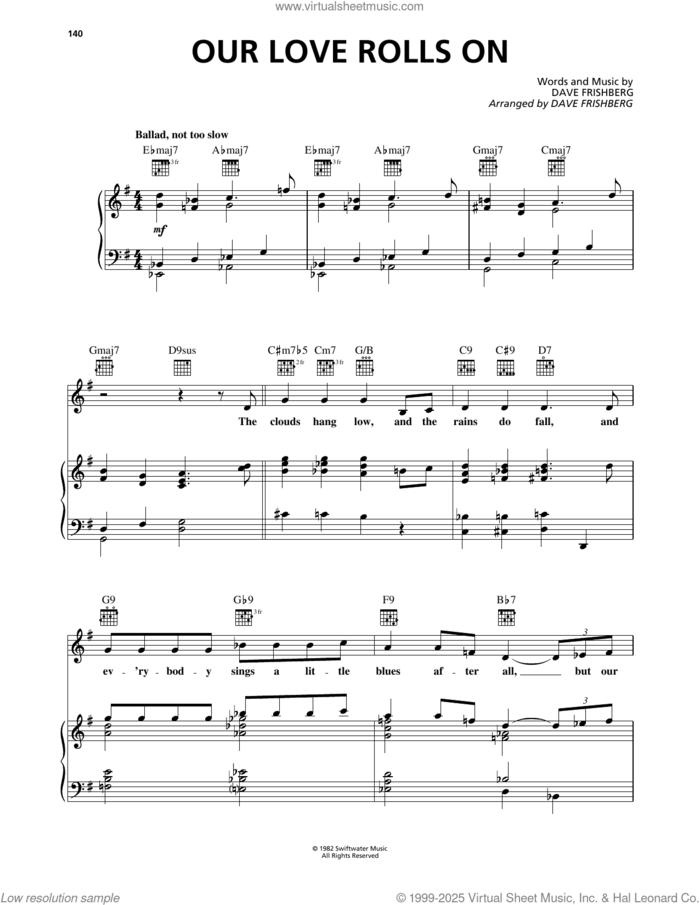 Our Love Rolls On sheet music for voice, piano or guitar by Dave Frishberg, intermediate skill level