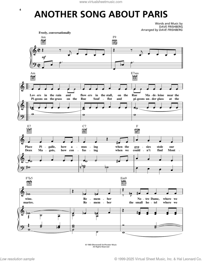Another Song About Paris sheet music for voice, piano or guitar by Dave Frishberg, intermediate skill level