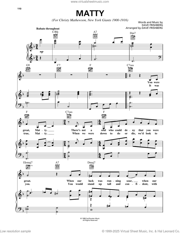 Matty sheet music for voice, piano or guitar by Dave Frishberg, intermediate skill level