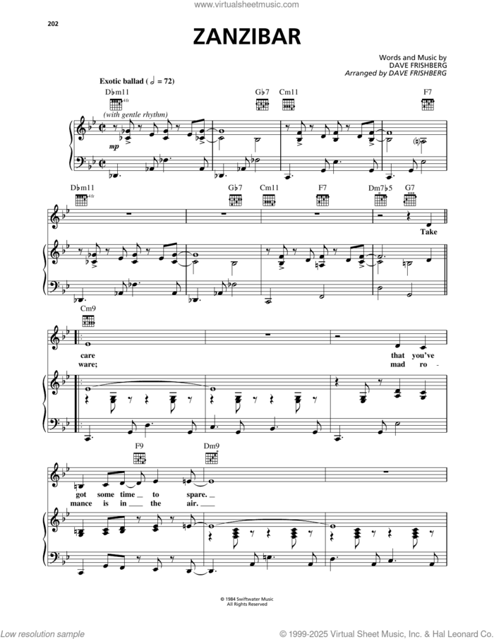 Zanzibar sheet music for voice, piano or guitar by Dave Frishberg, intermediate skill level