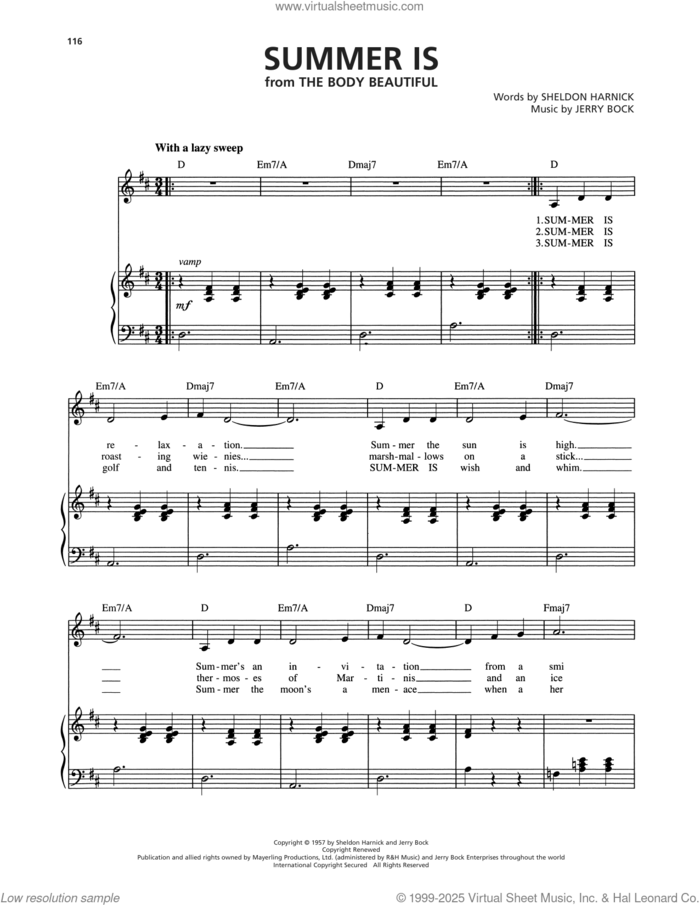 Summer Is (from The Body Beautiful) sheet music for voice, piano or guitar by Jerry Bock and Sheldon Harnick, intermediate skill level
