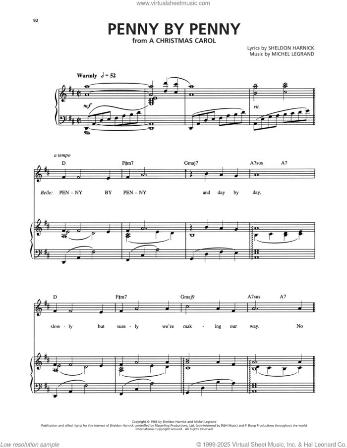 Penny By Penny (from A Christmas Carol) sheet music for voice, piano or guitar by Michel Legrand and Sheldon Harnick, intermediate skill level