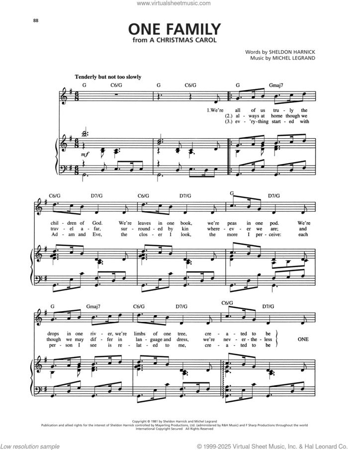 One Family (from A Christmas Carol) sheet music for voice, piano or guitar by Michel Legrand and Sheldon Harnick, intermediate skill level