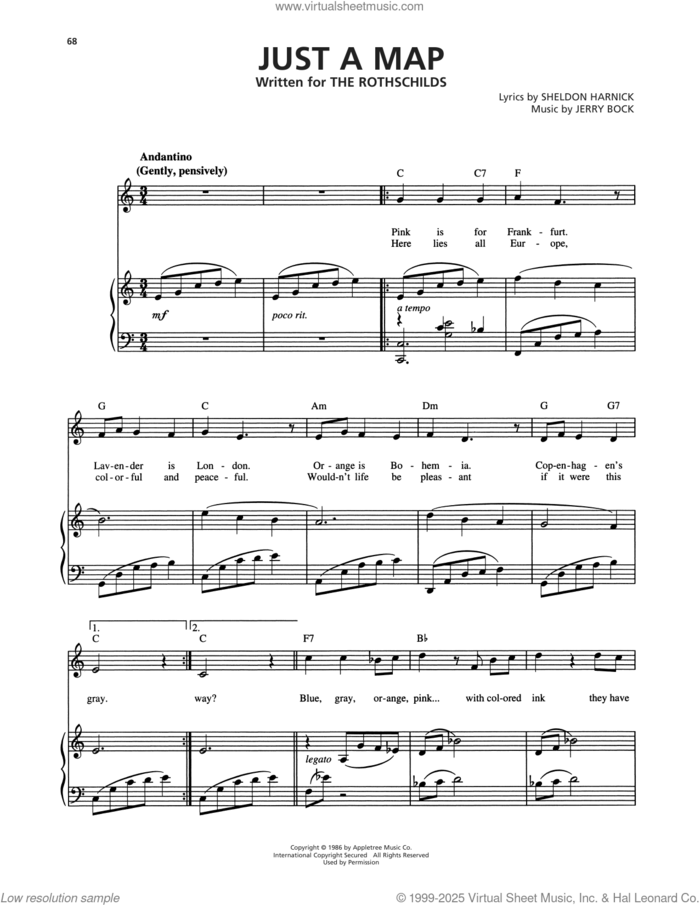 Just A Map (from The Rothschilds) sheet music for voice, piano or guitar by Jerry Bock and Sheldon Harnick, intermediate skill level