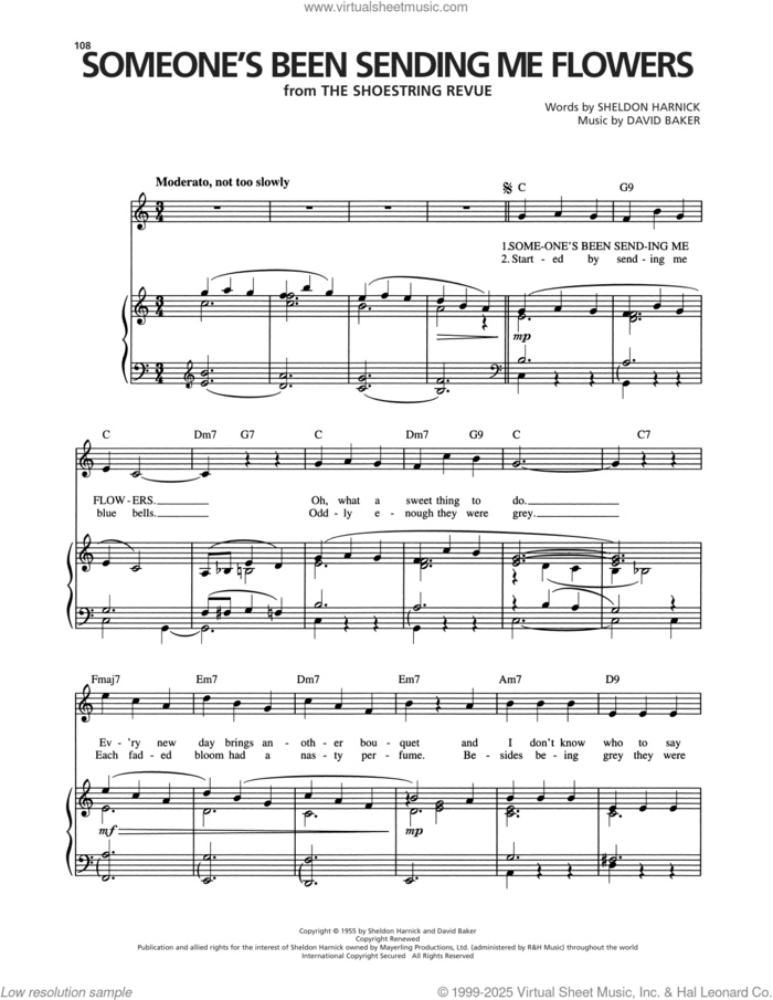 Someone's Been Sending Me Flowers (from Shoestring Revue) sheet music for voice, piano or guitar by David Baker and Sheldon Harnick, intermediate skill level