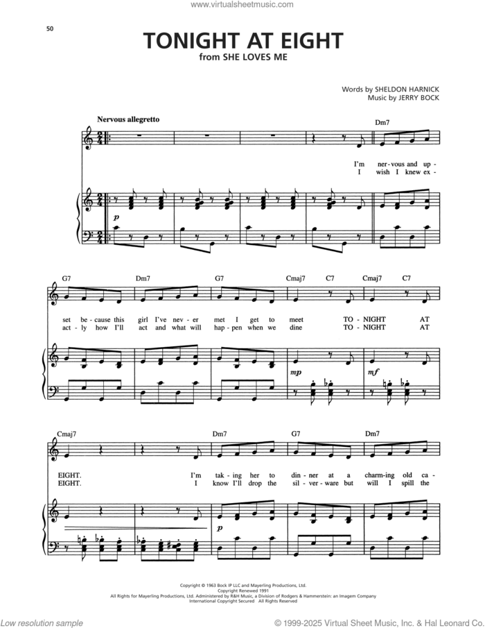 Tonight At Eight (from She Loves Me) sheet music for voice, piano or guitar by Jerry Bock and Sheldon Harnick, classical score, intermediate skill level
