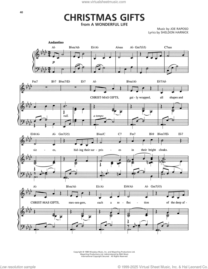 Christmas Gifts (from A Wonderful Life) sheet music for voice, piano or guitar by Joe Raposo and Sheldon Harnick, intermediate skill level