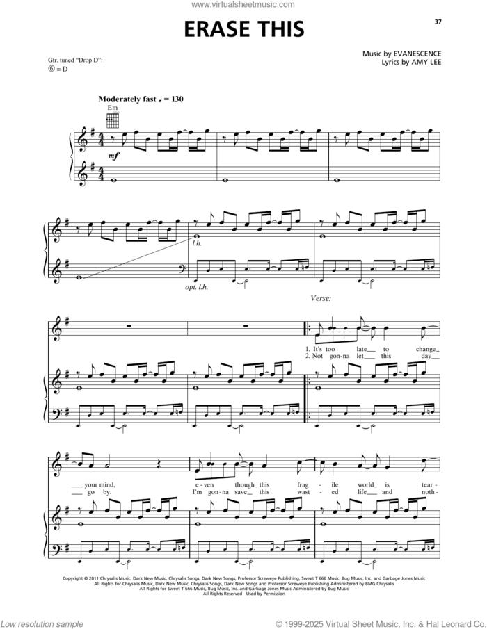 Erase This sheet music for voice, piano or guitar by Evanescence and Amy Lee, intermediate skill level