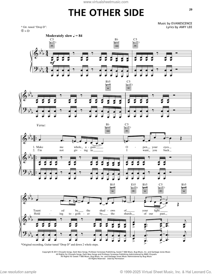The Other Side sheet music for voice, piano or guitar by Evanescence and Amy Lee, intermediate skill level