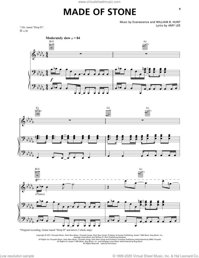 Made Of Stone sheet music for voice, piano or guitar by Evanescence, Amy Lee and William B. Hunt, intermediate skill level