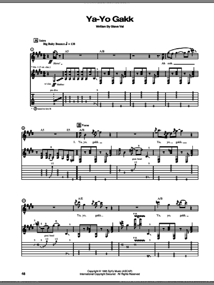 Ya-Yo Gakk sheet music for guitar (tablature) by Steve Vai, intermediate skill level