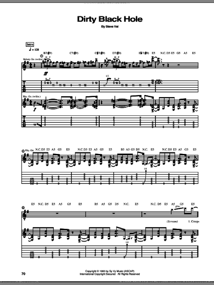 Dirty Black Hole sheet music for guitar (tablature) by Steve Vai, intermediate skill level