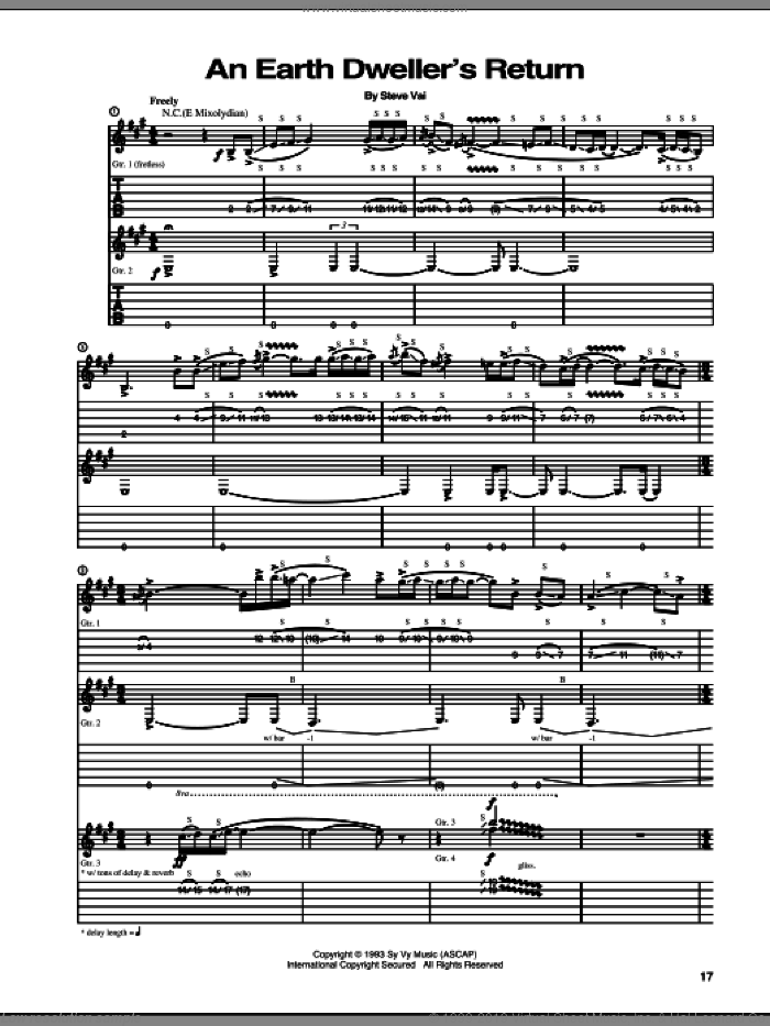 An Earth Dweller's Return sheet music for guitar (tablature) by Steve Vai, intermediate skill level
