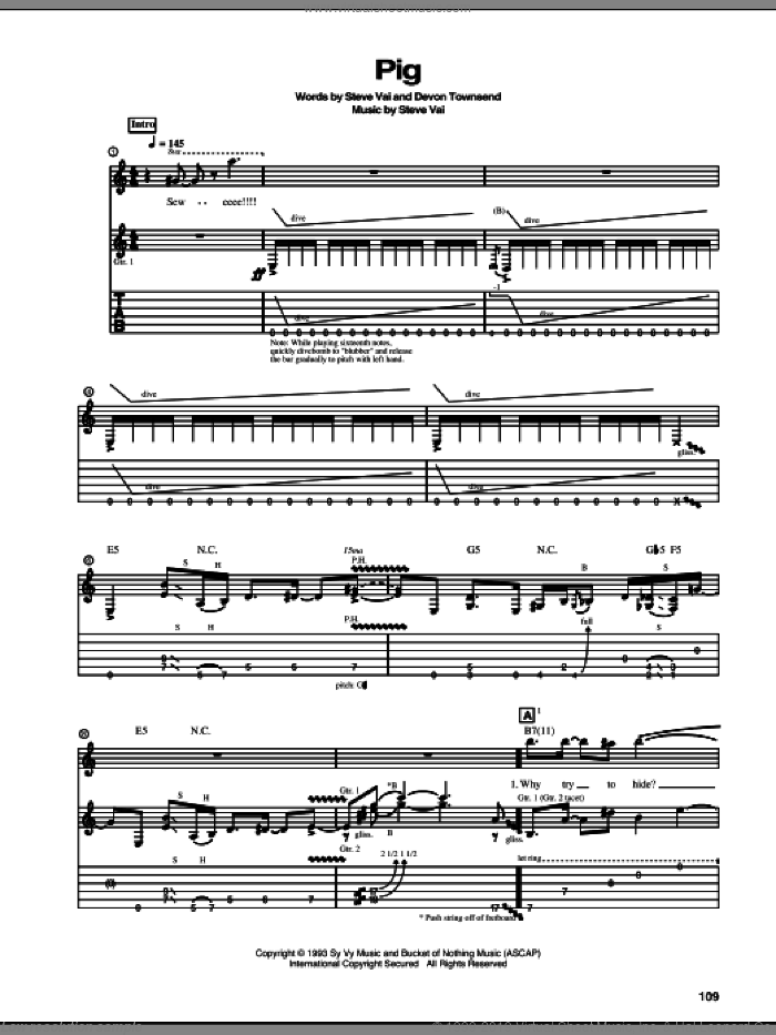 Pig sheet music for guitar (tablature) by Steve Vai and Devon Townsend, intermediate skill level