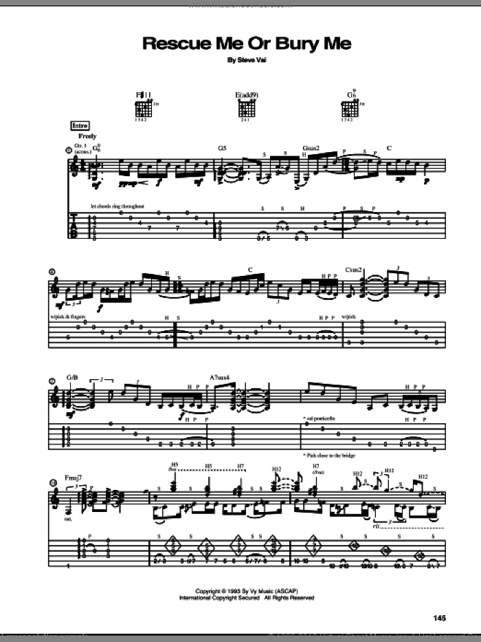 Rescue Me Or Bury Me sheet music for guitar (tablature) by Steve Vai, intermediate skill level